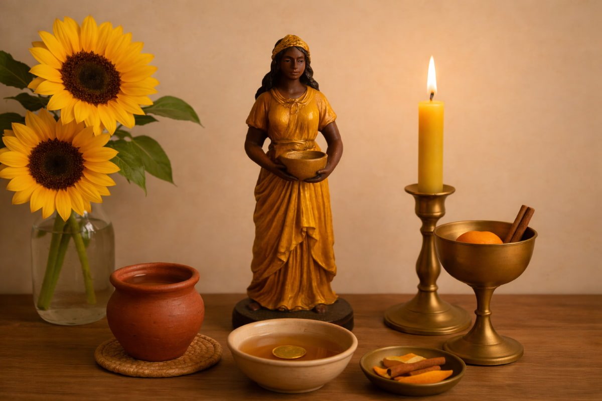 Golden feminine altar with candle, sunflowers, and ritual objects representing abundance, self-love, and feminine energy for Oshun