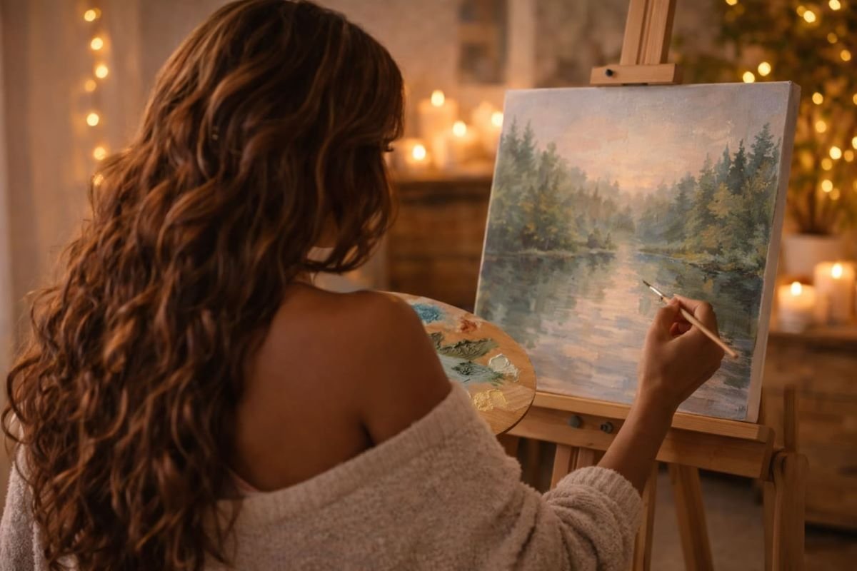 Alone time for Black women captured as a woman painting at an easel from the back in a calm, cozy room.