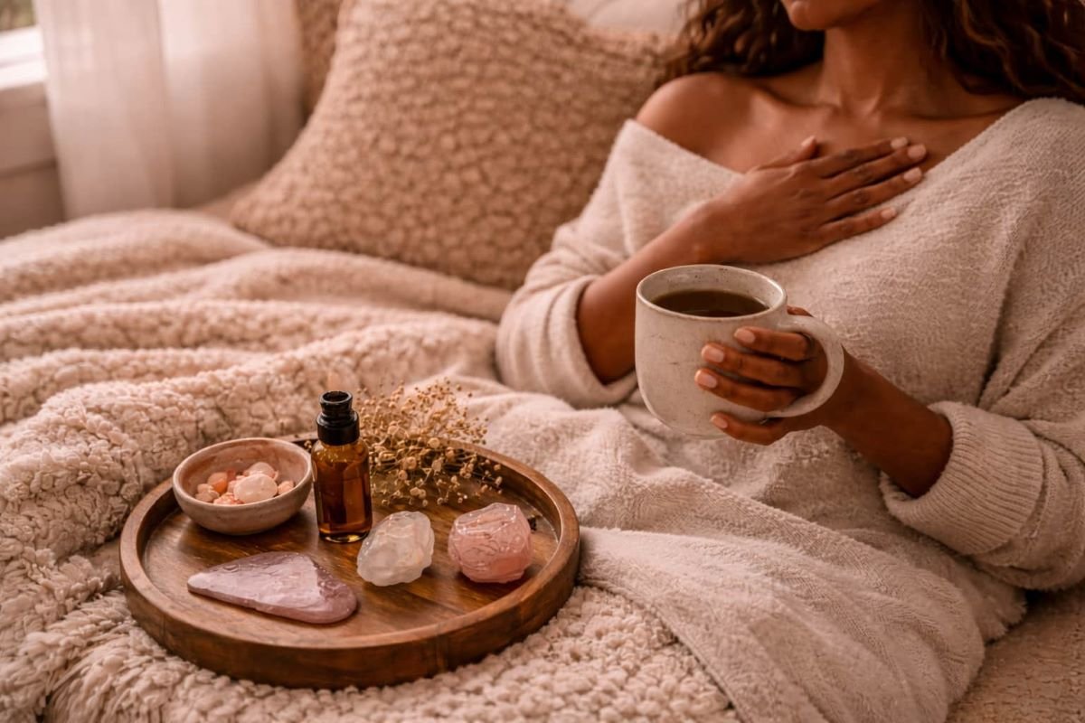 Alone time for Black women shown through a cozy self-care moment with tea, crystals, and a hand resting over the heart.