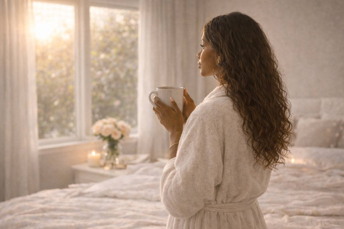 Melanin woman standing by a sunlit window holding a warm mug