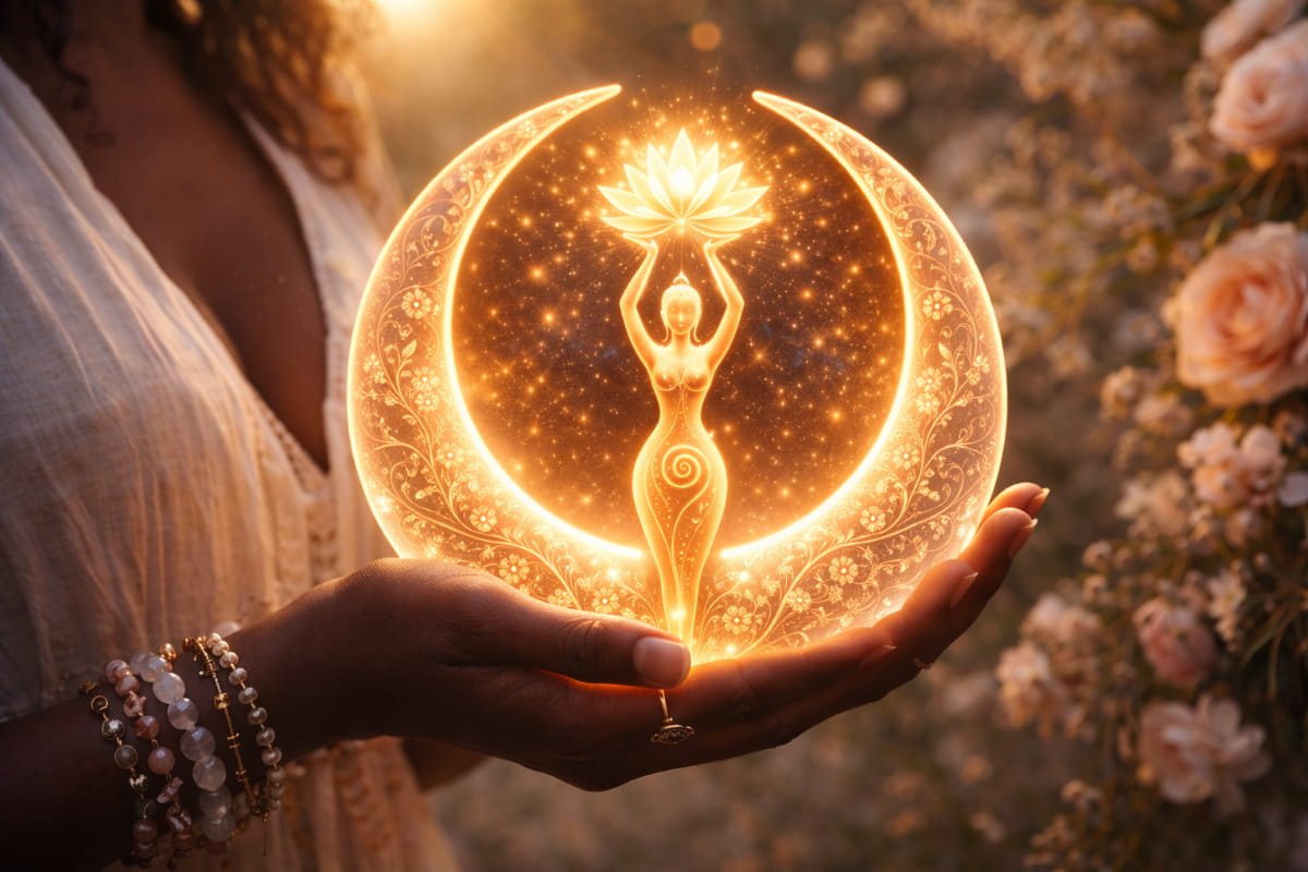 Black woman holding a radiant symbol of feminine wisdom in warm light.