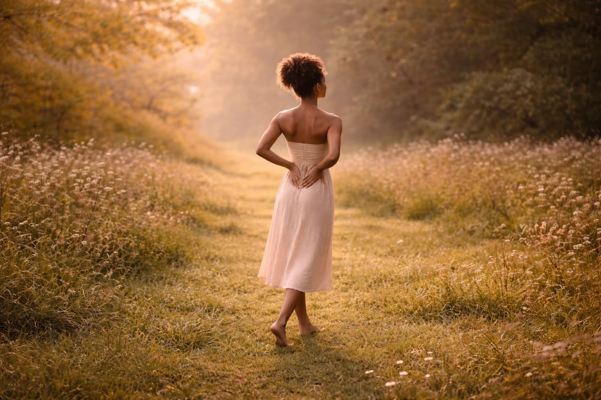 Woman walking slowly through a meadow with hands resting on her lower back