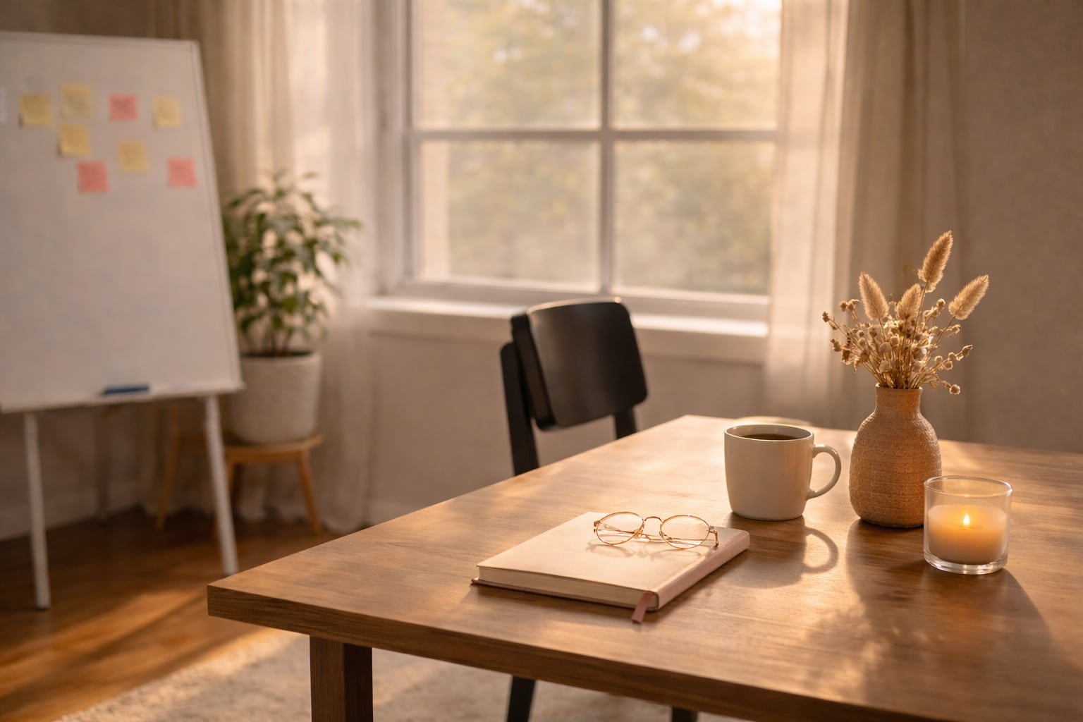 An empty workspace filled with late-afternoon light, representing feminine energy at work and calm leadership