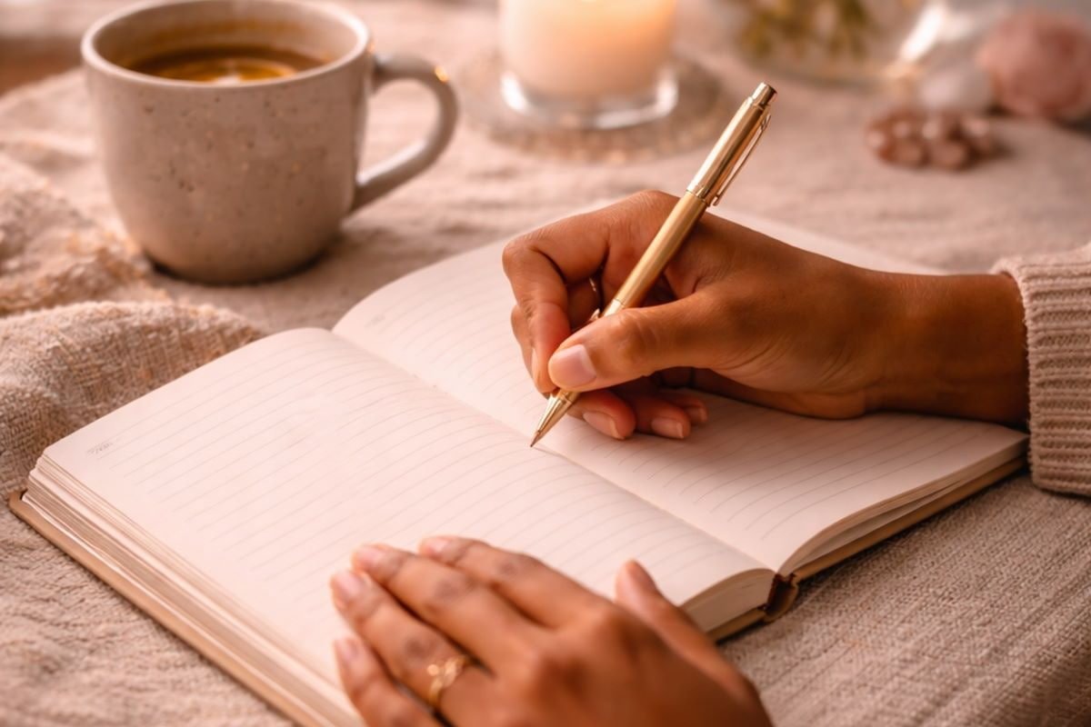 Hands writing slowly in a notebook beside a warm drink and soft light