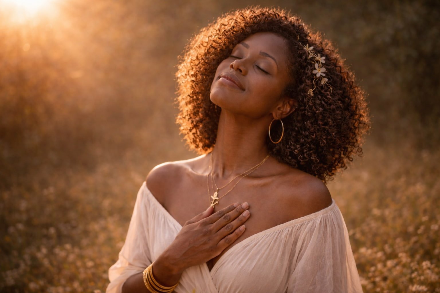Alt Black woman standing in warm sunlight with eyes closed and hand over heart, symbolizing self-awareness and a return to feminine essence.