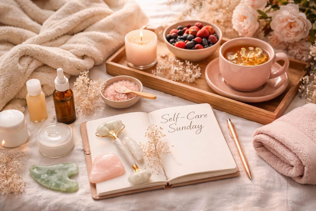Self-care Sunday setup with skincare tools, herbal tea, candles, crystals, and a journal arranged in a calm, cozy space.