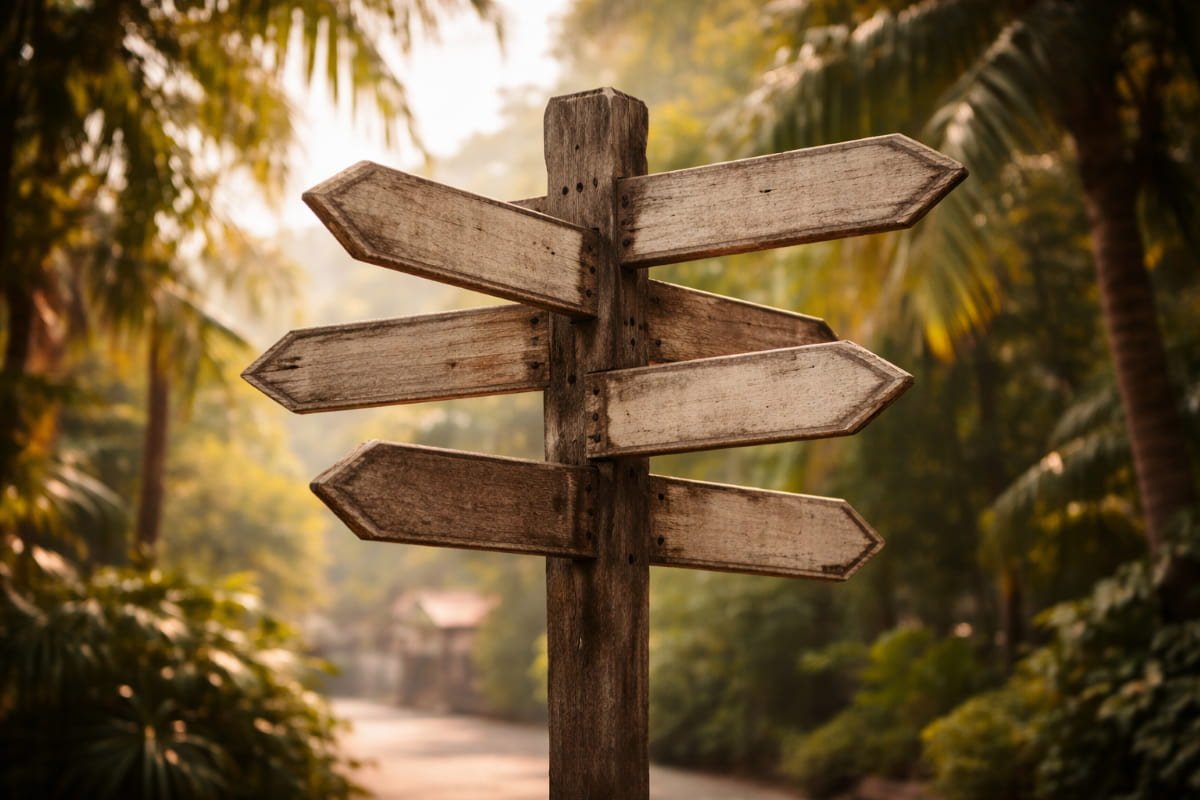 Wooden signpost pointing in multiple directions, symbolizing confusion and uncertainty while traveling