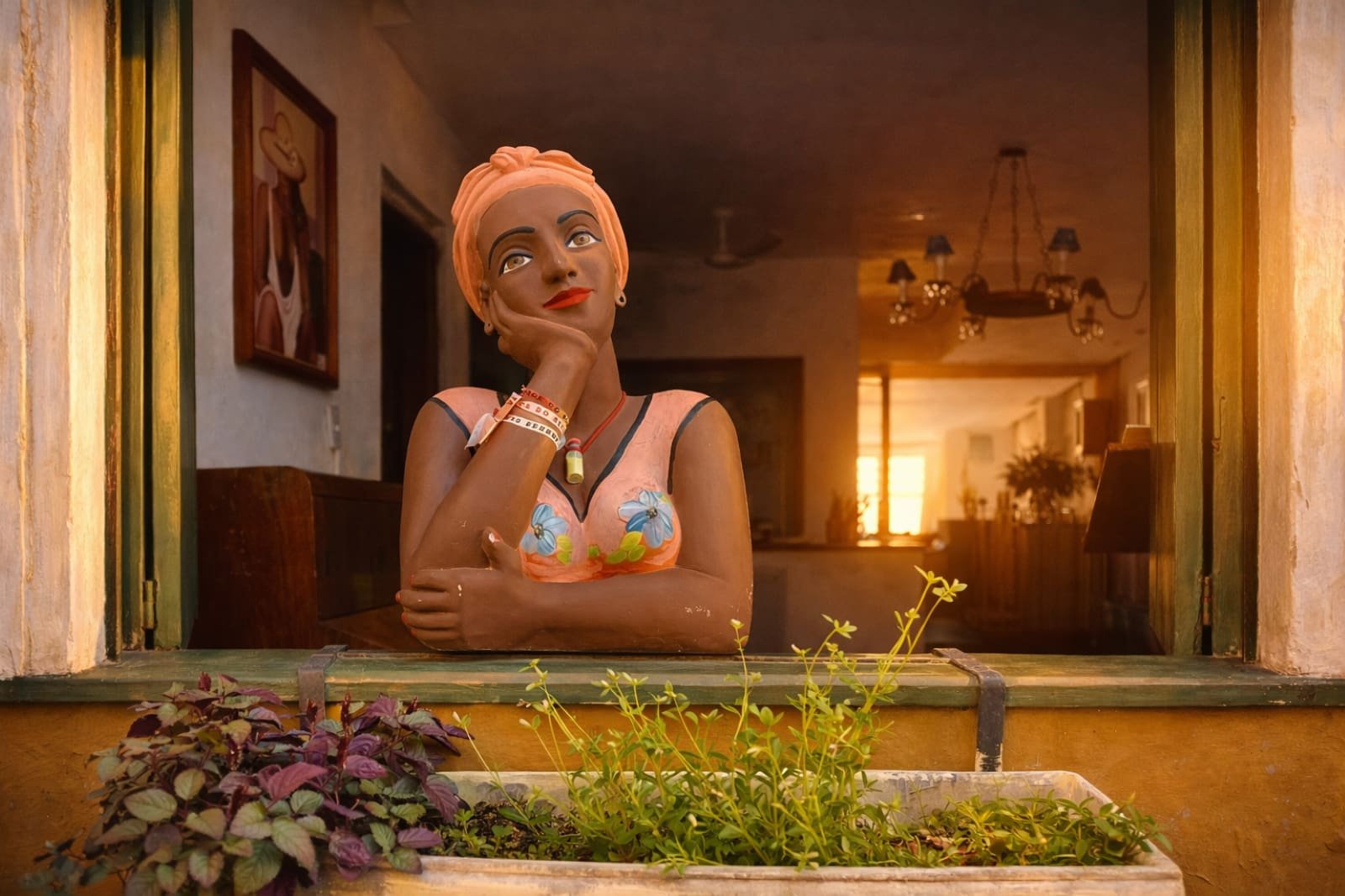 Colorful sculpture of a woman resting her chin on her hand, symbolizing feminine energy, reflection, and inner calm