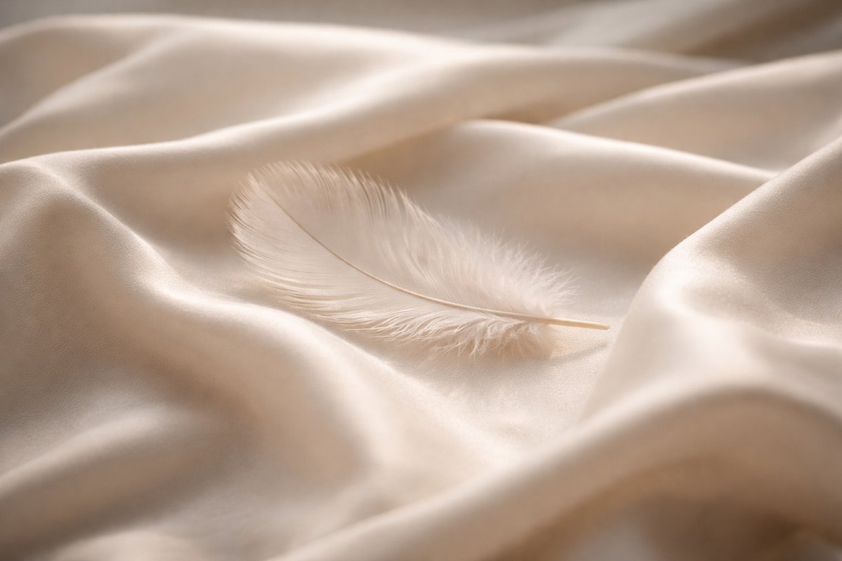 White feather resting on soft silk fabric, symbolizing feminine softness, calm presence, and quiet inner strength.