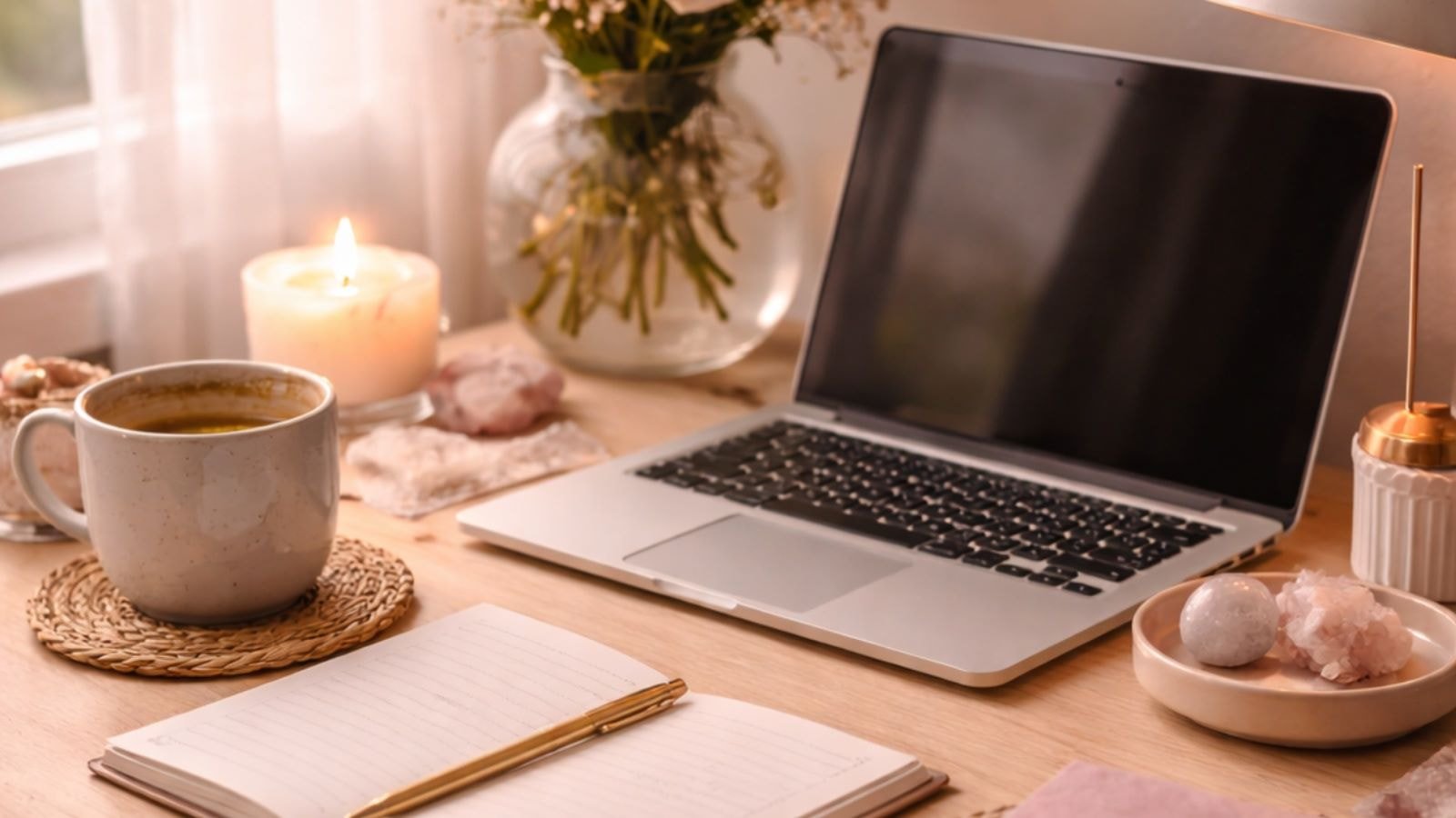 Calm workspace representing feminine energy at work and mindfulness