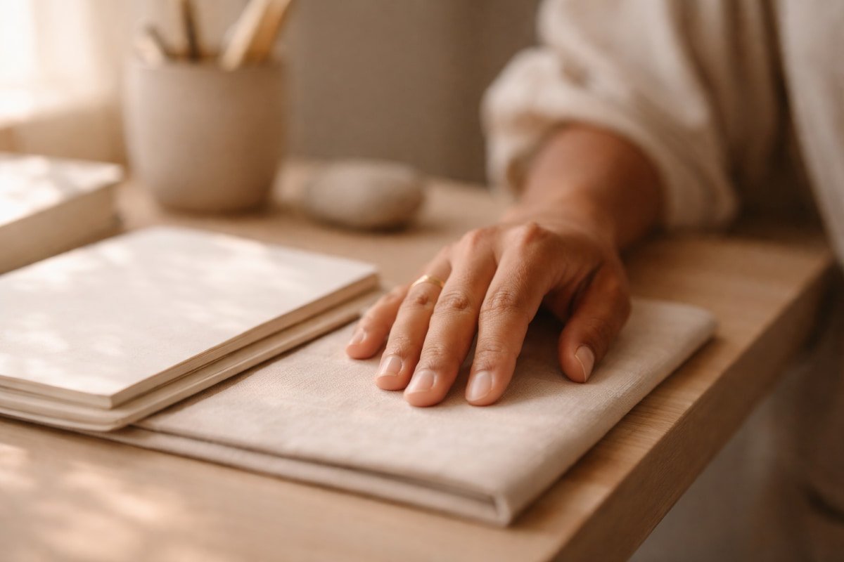 A Black woman’s hand resting on a desk in soft light, representing calm, intuitive leadership at work