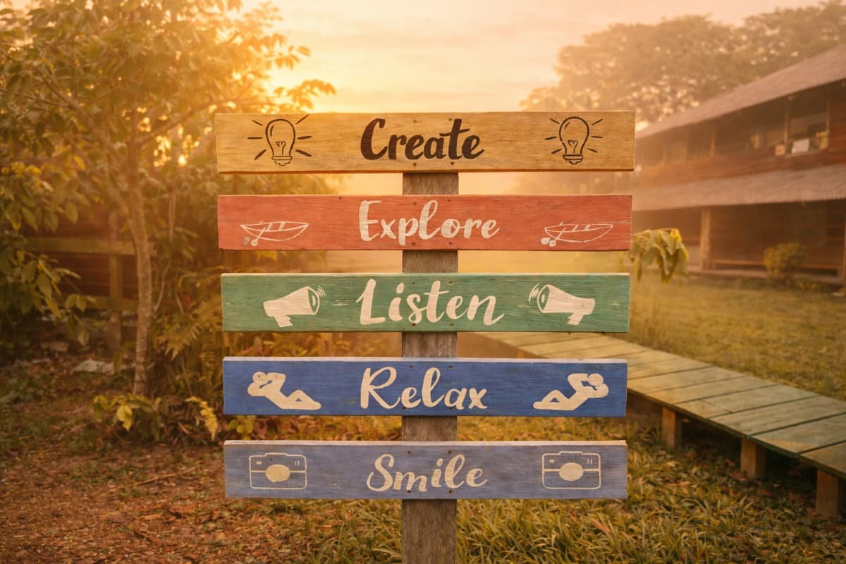 Wooden sign with words create, explore, listen, relax, and smile, representing mindfulness and intentional living
