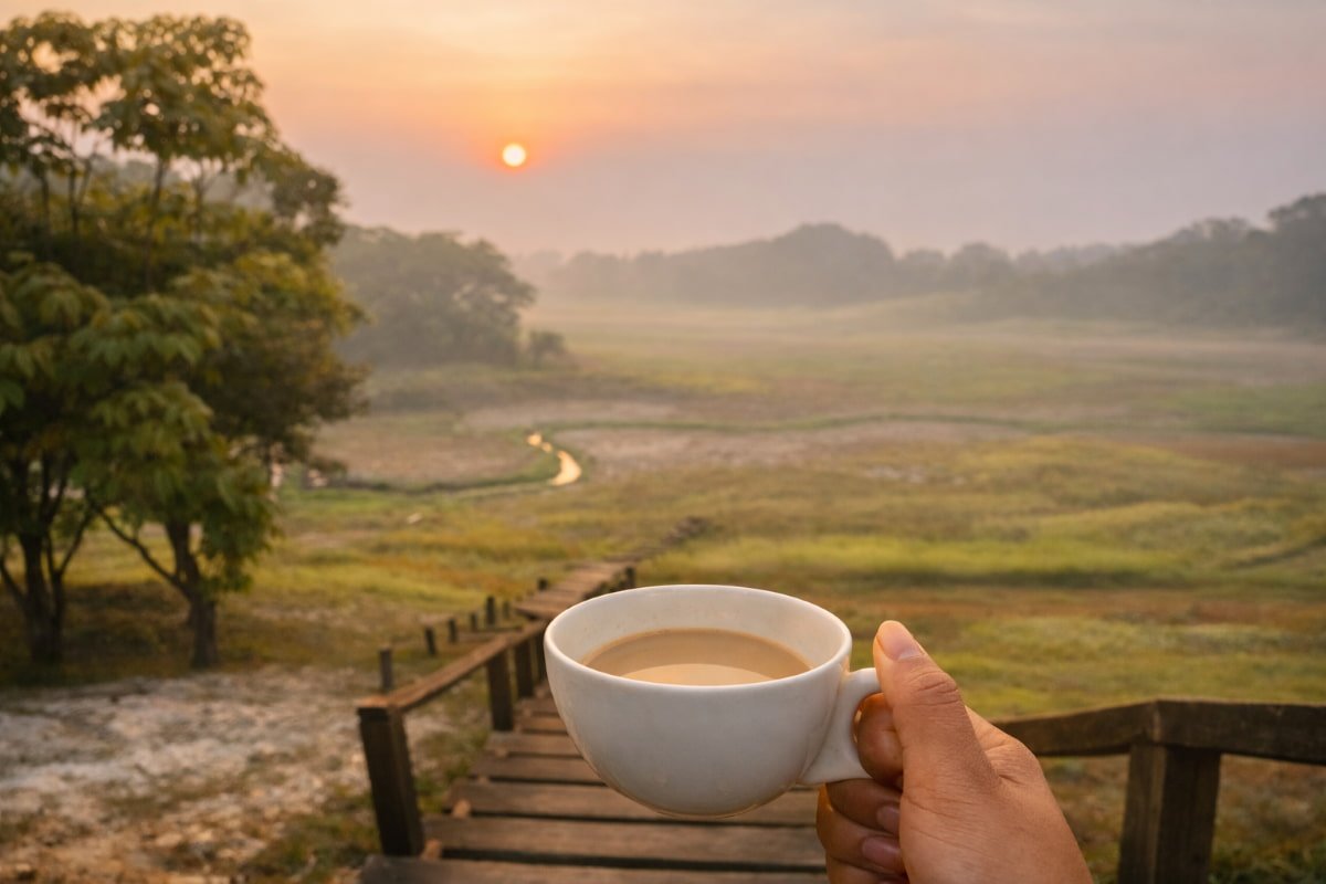 Morning coffee held in hand overlooking a peaceful landscape at sunrise, symbolizing mindfulness and slow living