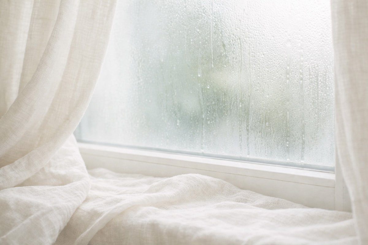 Fogged window with condensation in soft morning light, creating a hazy and quiet atmosphere.