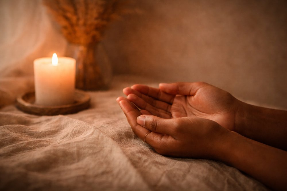 Open hands resting beside a lit candle on a linen surface