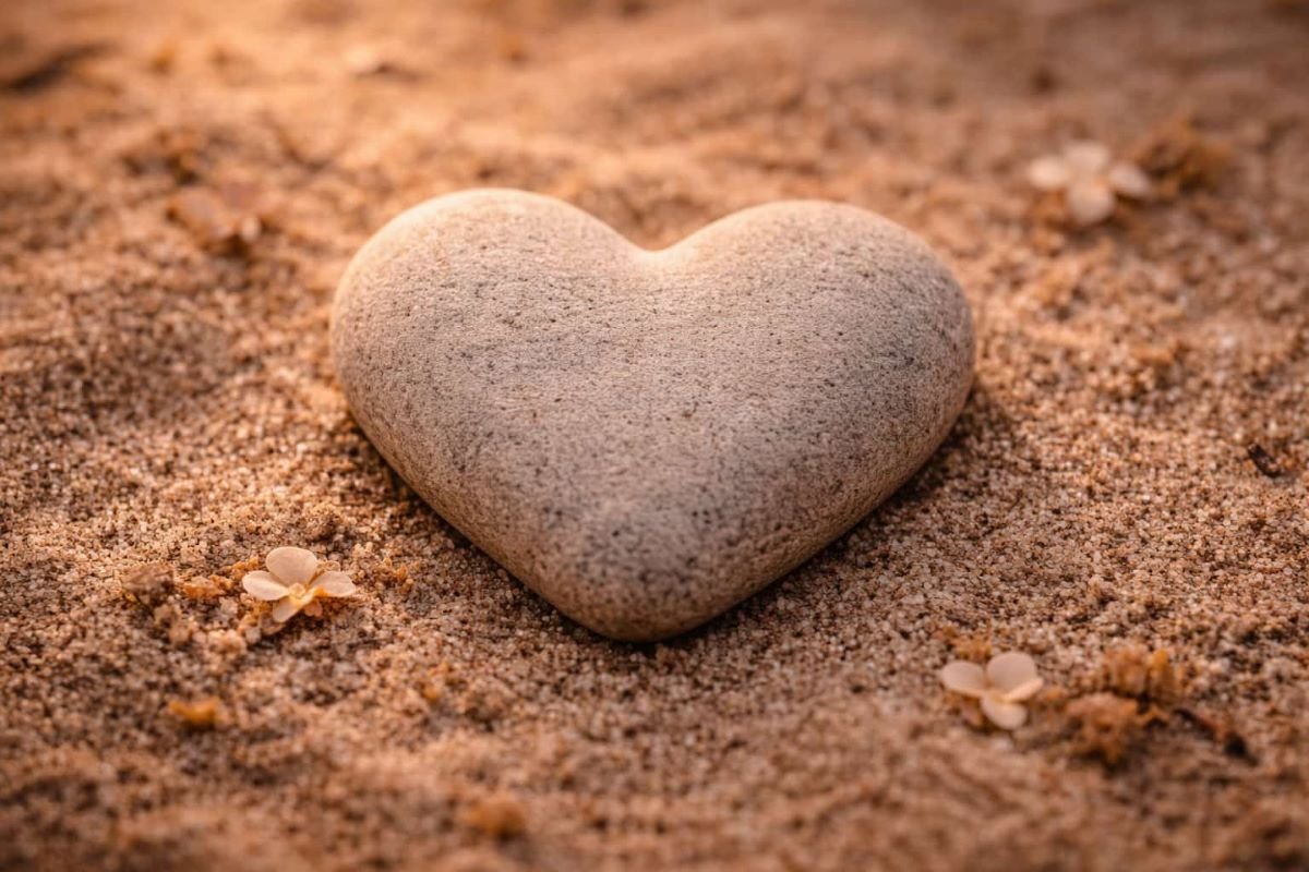 heart-shaped stone resting on sand in soft natural light