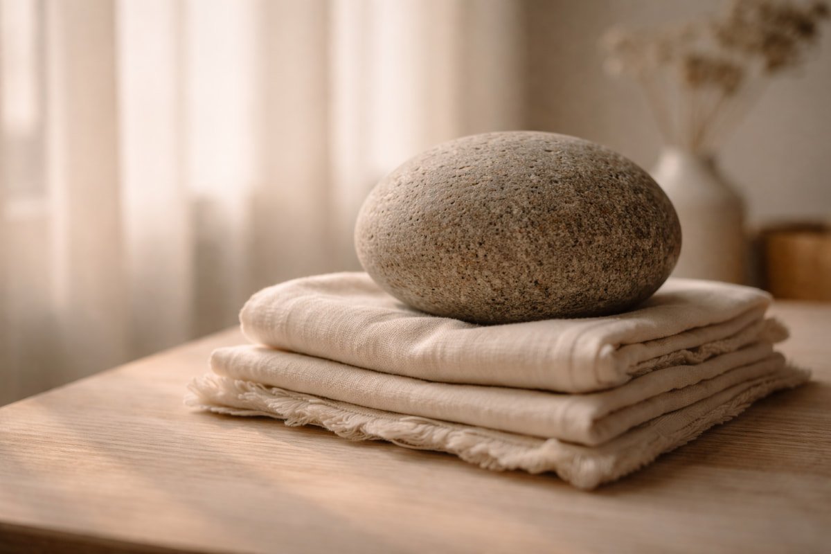 heavy stone resting on folded linen in soft natural light