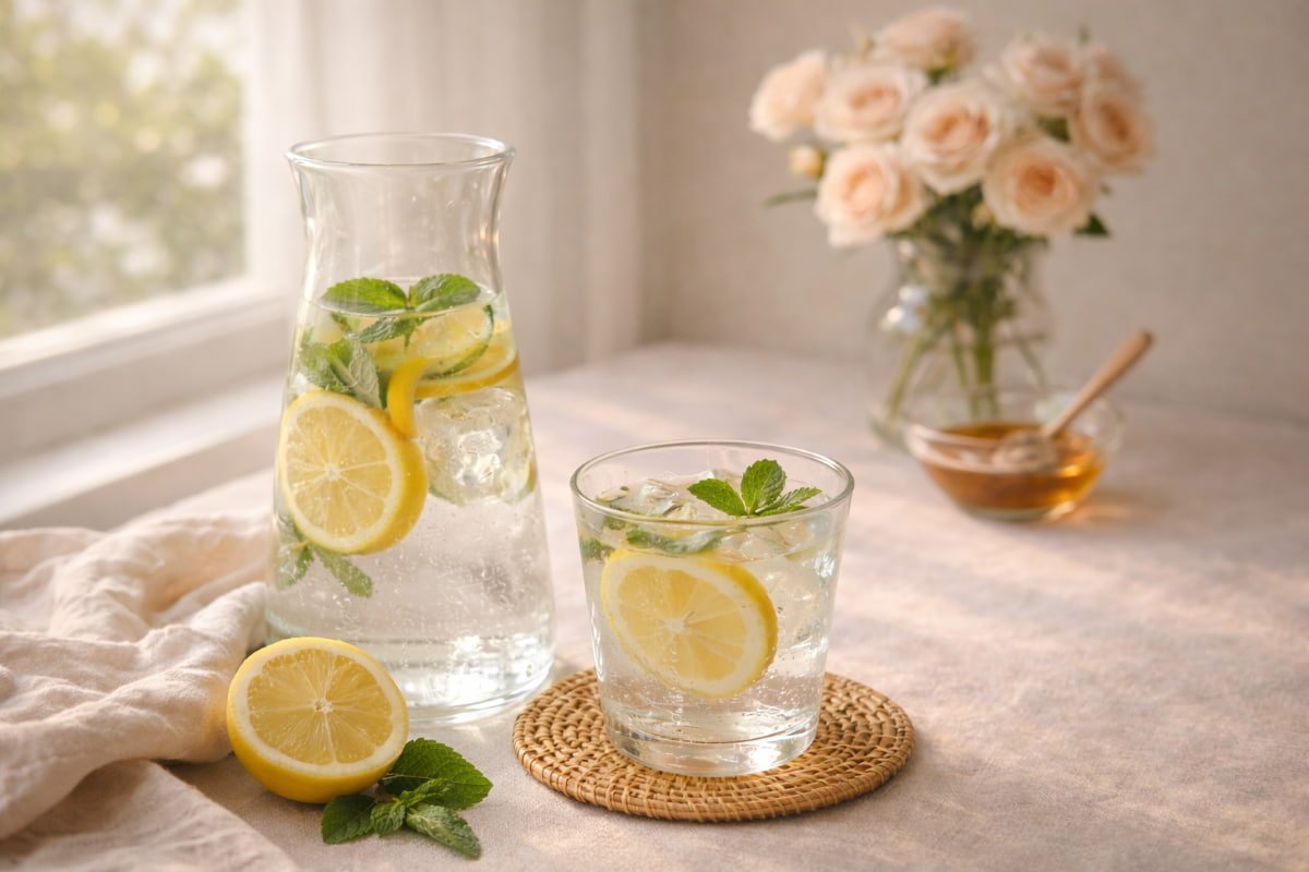 Glass of lemon water in soft morning sunlight, representing a calming hydration ritual.