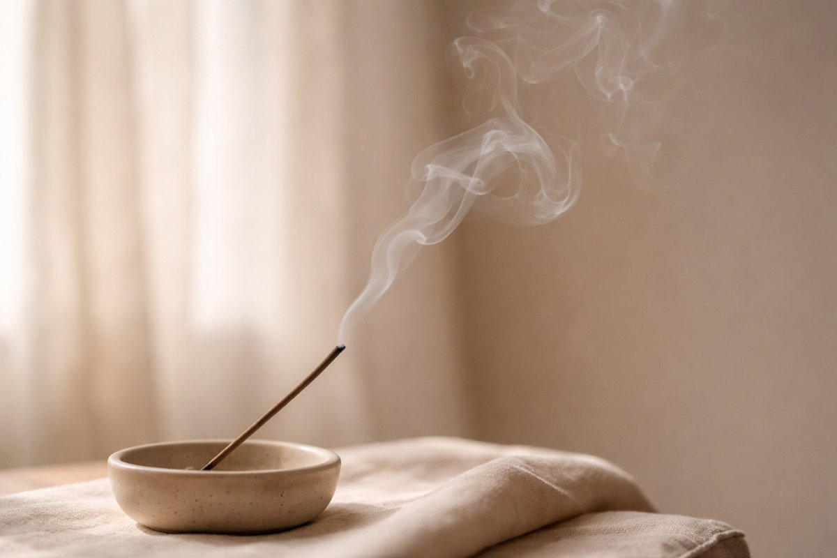 Incense smoke rising slowly in soft morning light, representing calm and regulation.