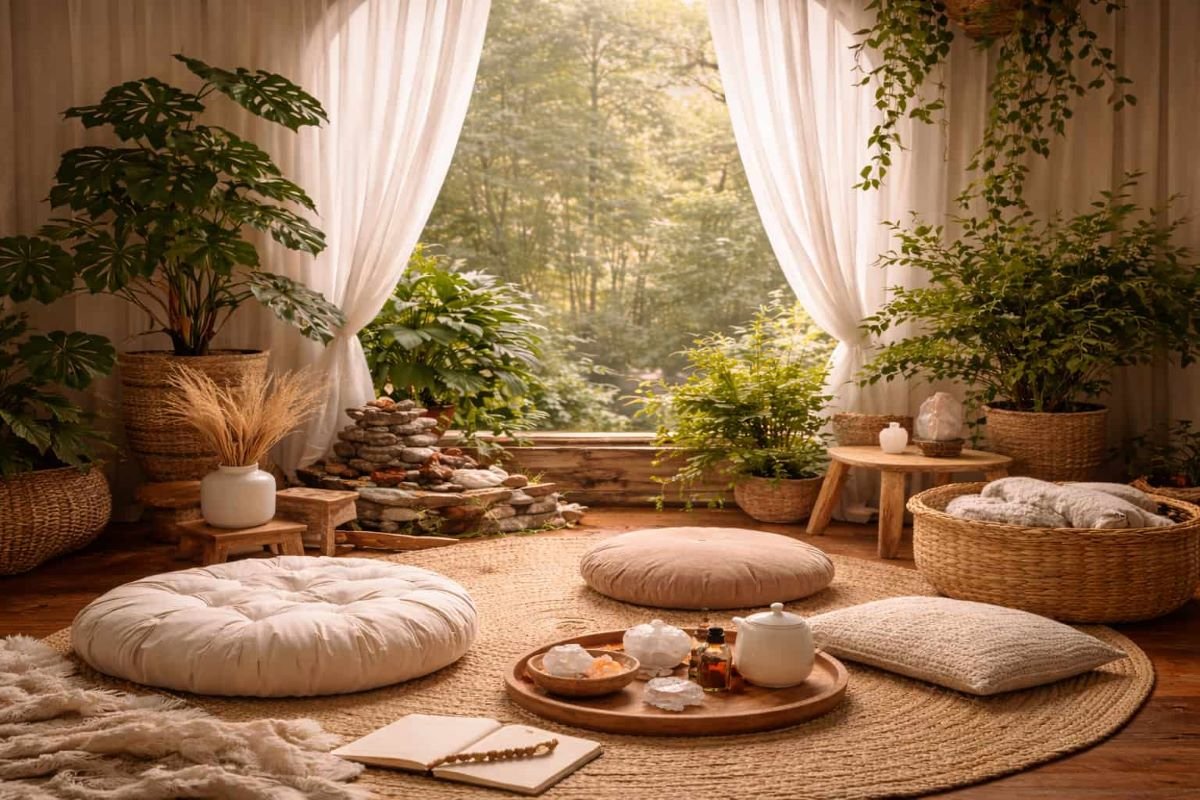 A peaceful indoor sanctuary with floor cushions, plants, soft natural light, and simple self-care objects near a large window.