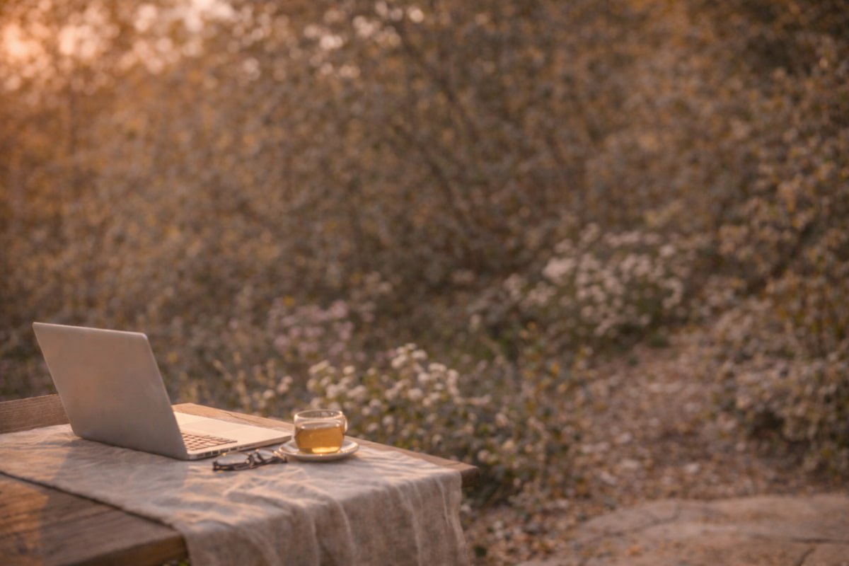 Peaceful outdoor workspace symbolizing manifesting abundance without forcing effort