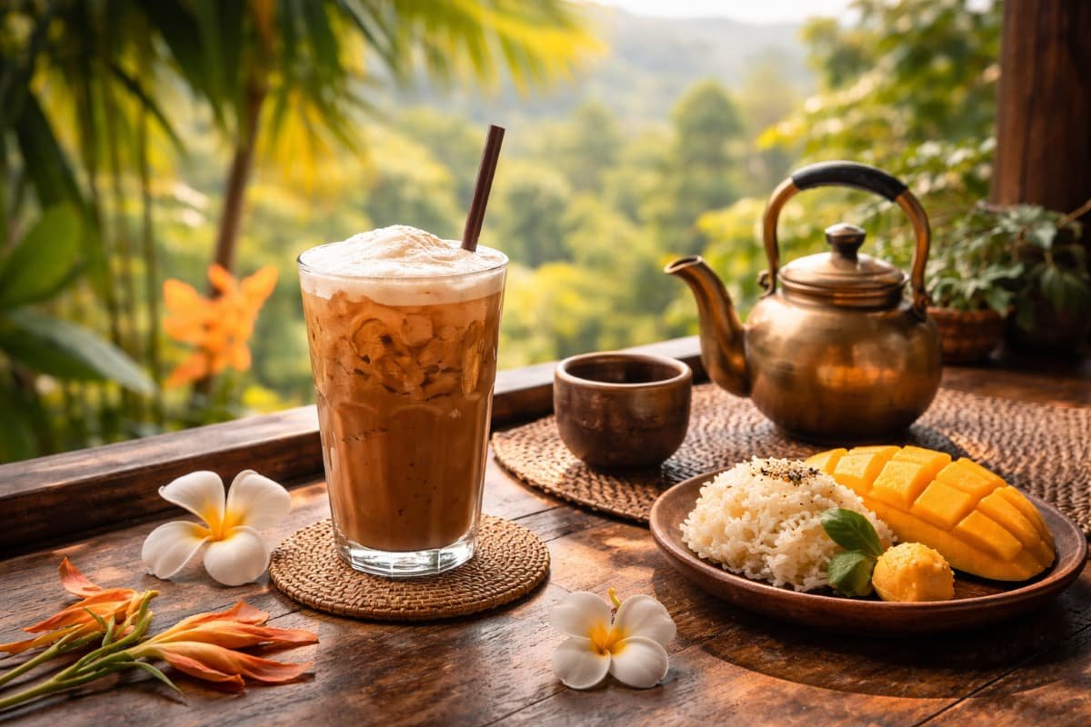 Local Iced Thai coffee served on a wooden table in a café in Thailand
