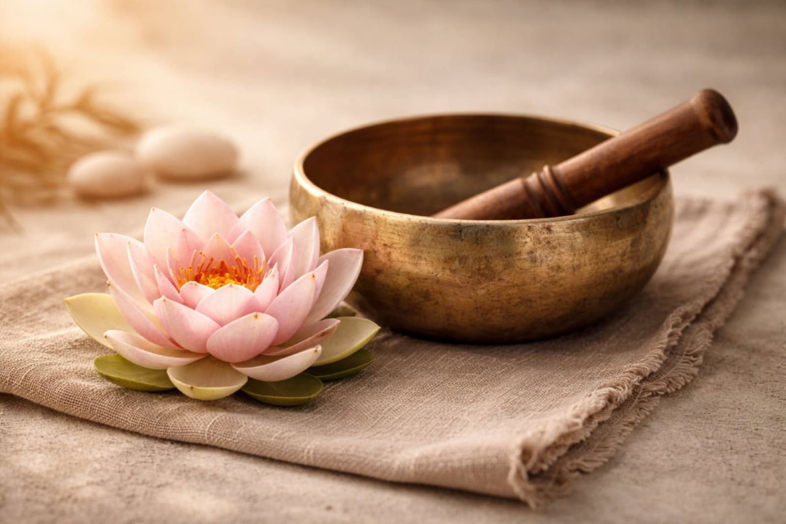 Lotus flower beside a brass singing bowl in soft natural light, symbolizing self-awareness, presence, and feminine energy.