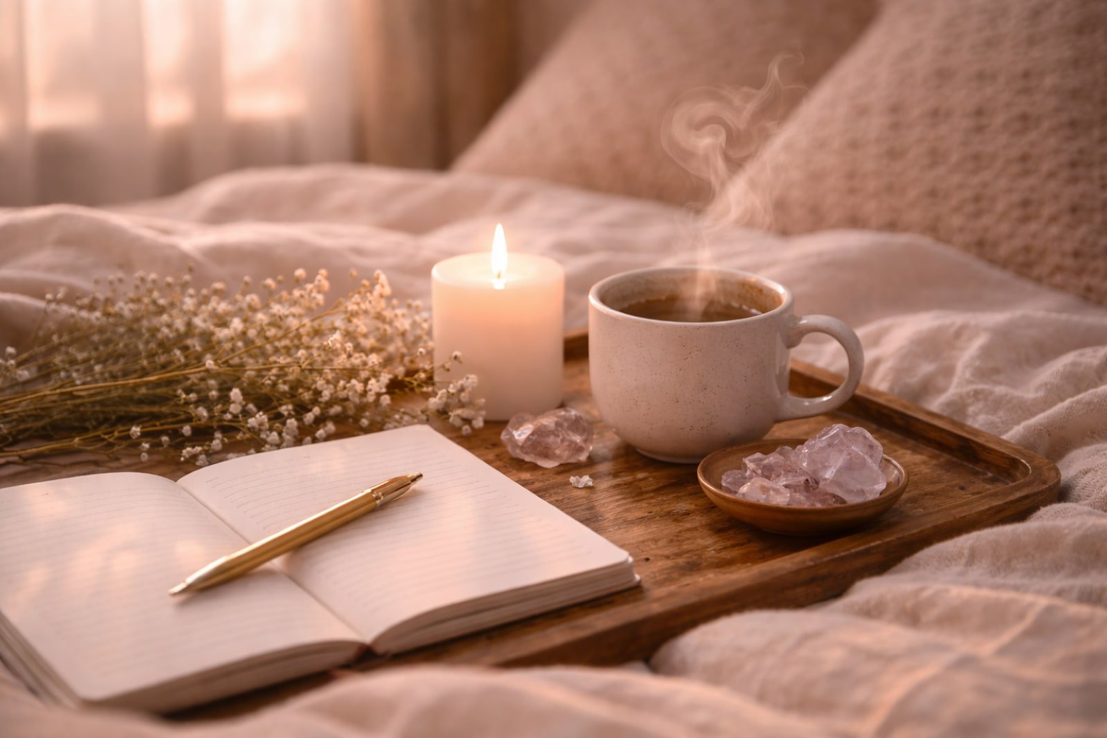 Open journal, candle, and steaming cup of tea in soft light, symbolizing the pause and awareness that support mindful communication.