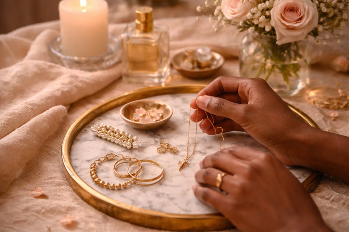 Woman’s hands slowly handling delicate gold jewelry, representing softness, restraint, and a mindful pause before responding.