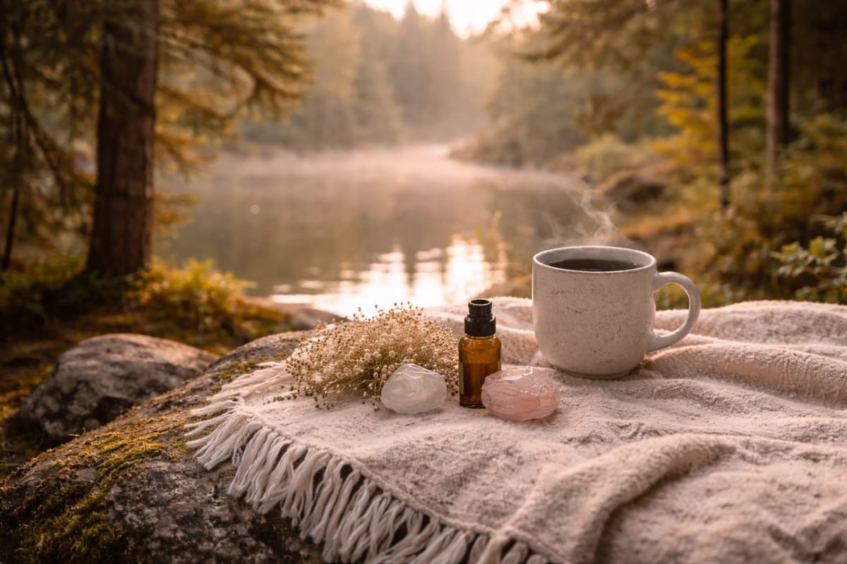 Warm drink, essential oil, and crystals resting on a blanket beside a calm lake surrounded by trees