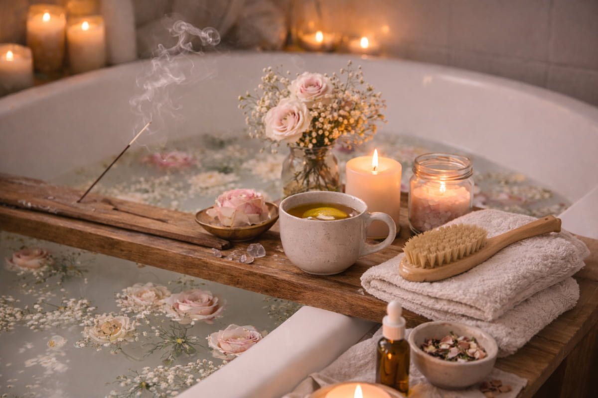 Bathtub filled with water, floating flowers, candles, and a wooden bath tray
