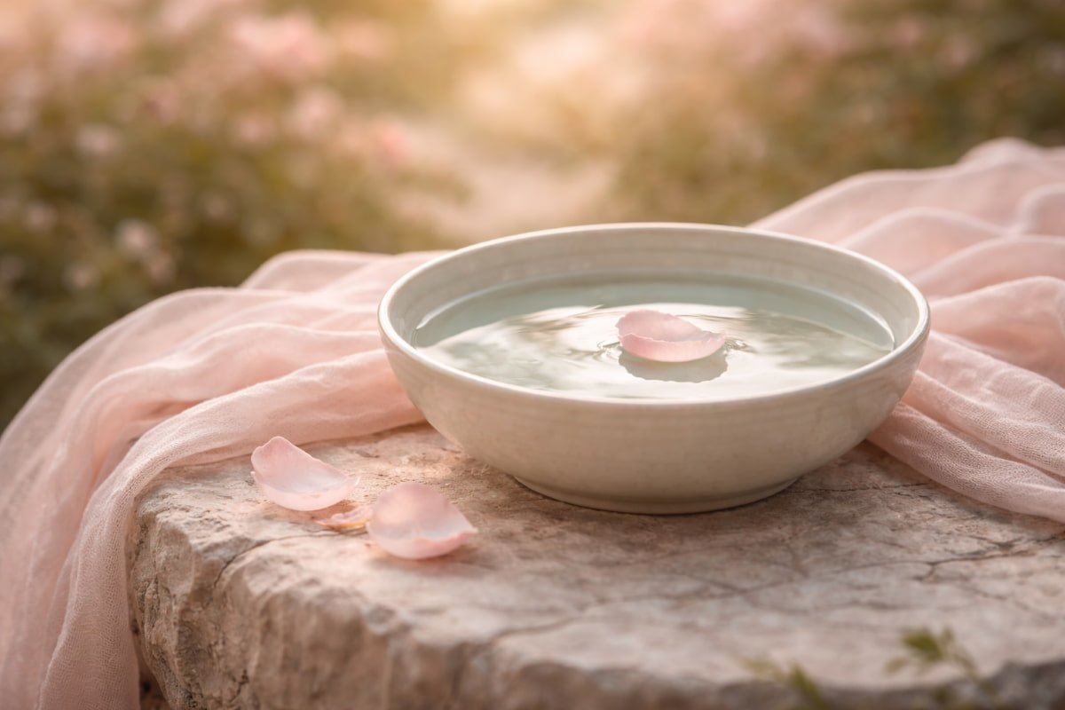 Porcelain bowl filled with still water and a single pink petal floating on the surface, symbolizing a sacred pause for mindful communication