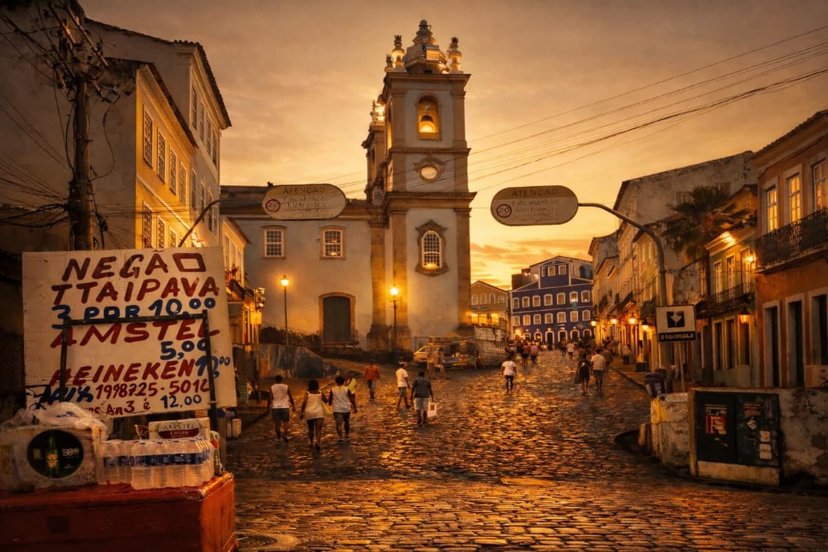 Colorful street in Salvador de Bahia with historic church, reflecting Afro-Brazilian culture and spiritual heritage