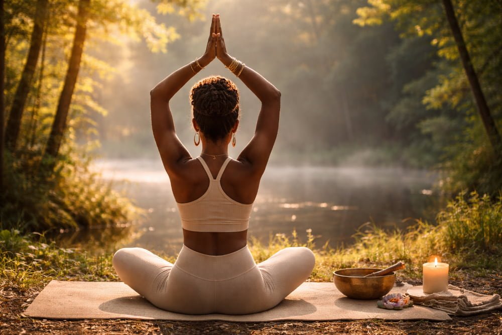 Black woman practicing yoga outdoors in nature, seen from behind in soft natural light.