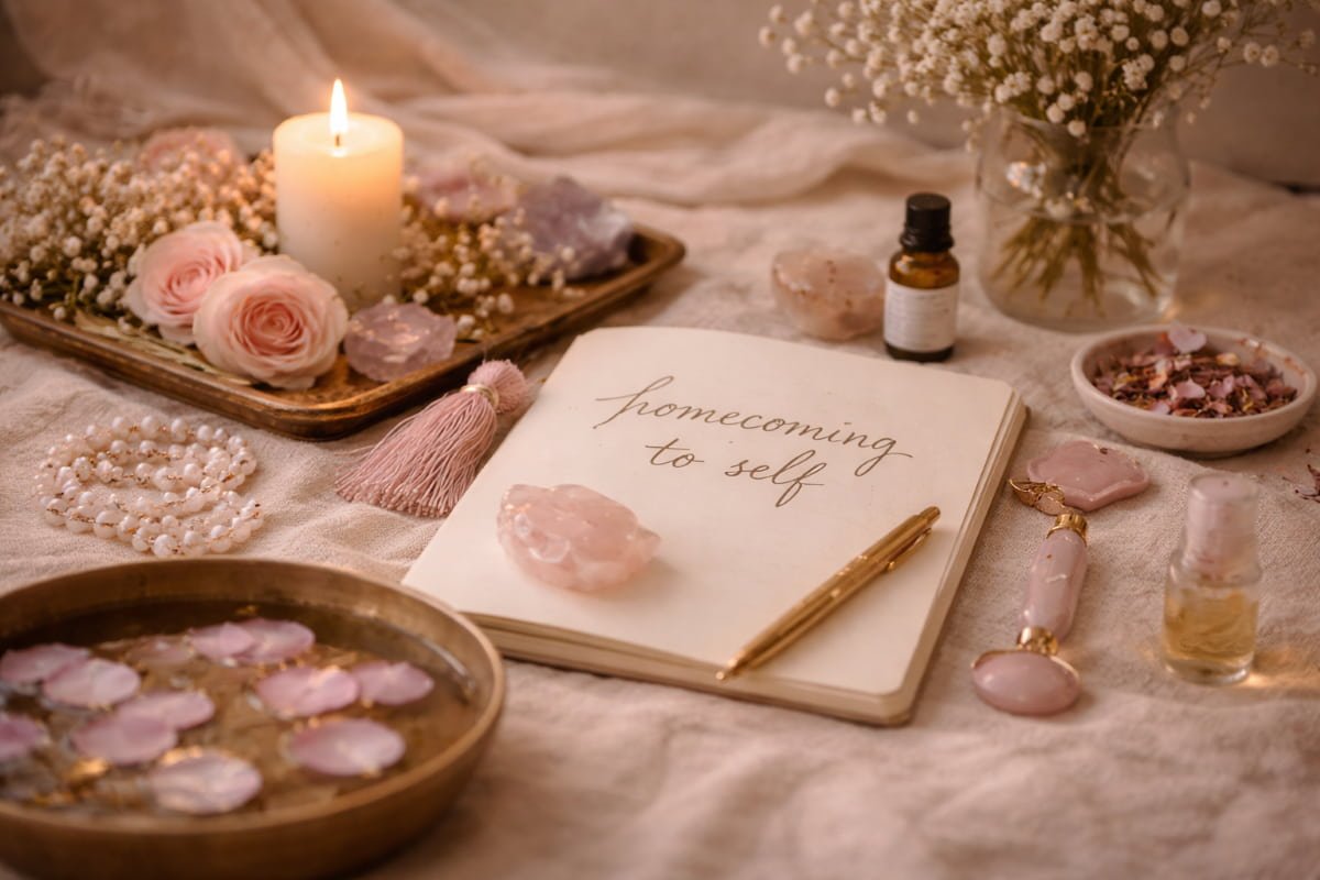Soft ritual setup with candle, rose quartz, journal, and flowers representing self-awareness for feminine energy and homecoming to self.