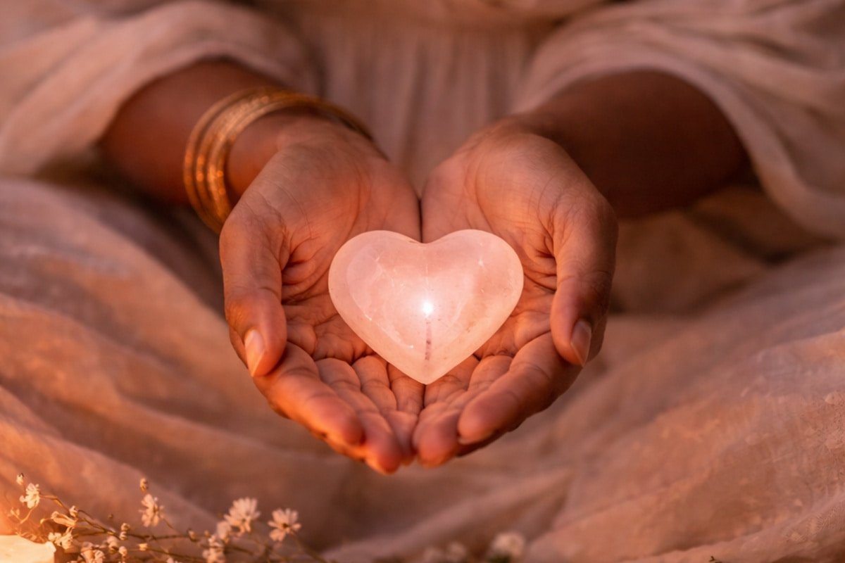 Hands holding a rose quartz heart surrounded by candlelight and flowers.