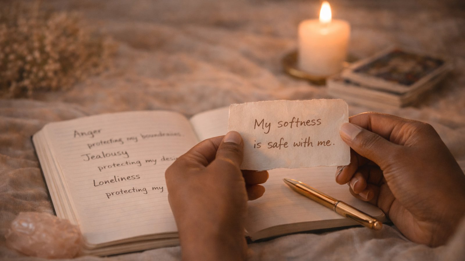 Black woman journaling in soft candlelight as part of shadow work for feminine energy and self-reflection.