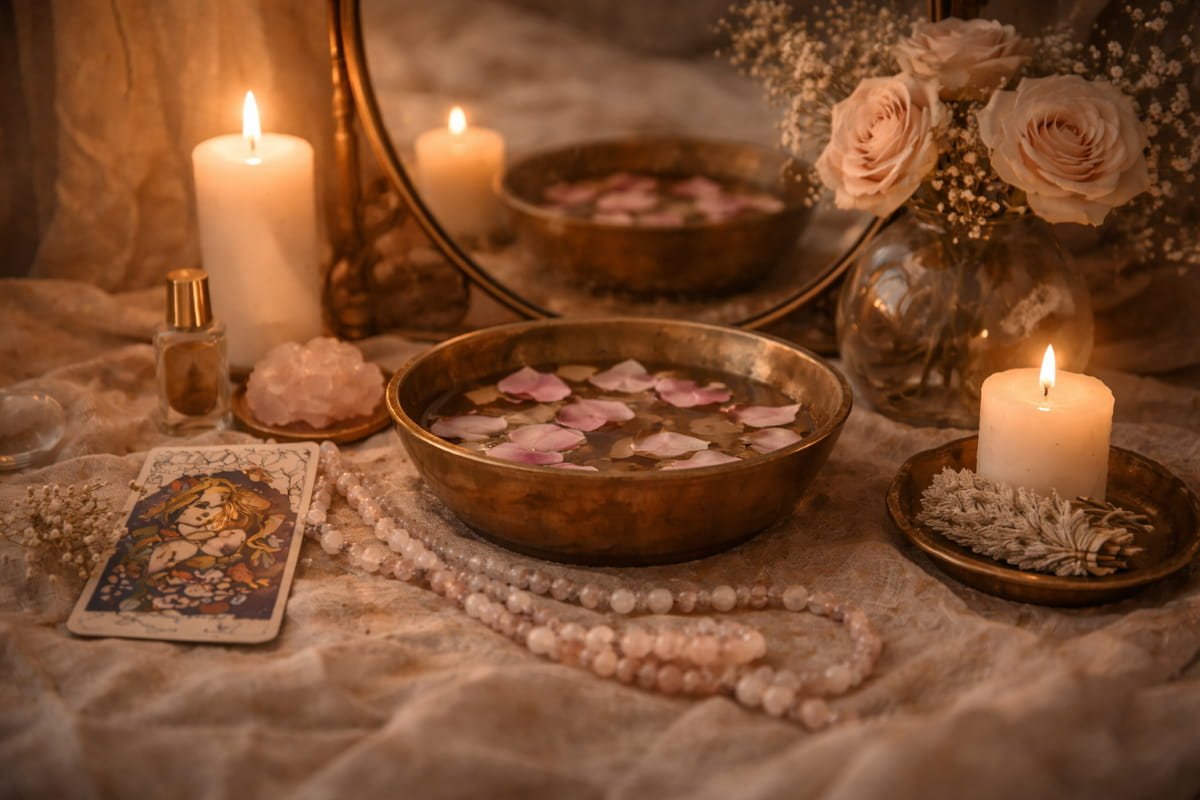 Candlelit altar with rose petals, water bowl, mirror, and ritual objects symbolizing shadow work as feminine devotion.
