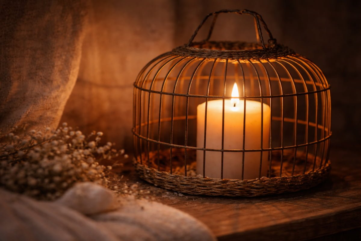 Lit candle inside a wire lantern in a dimly lit room