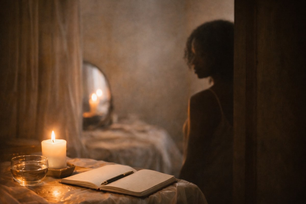 Person standing near a mirror in a softly lit room