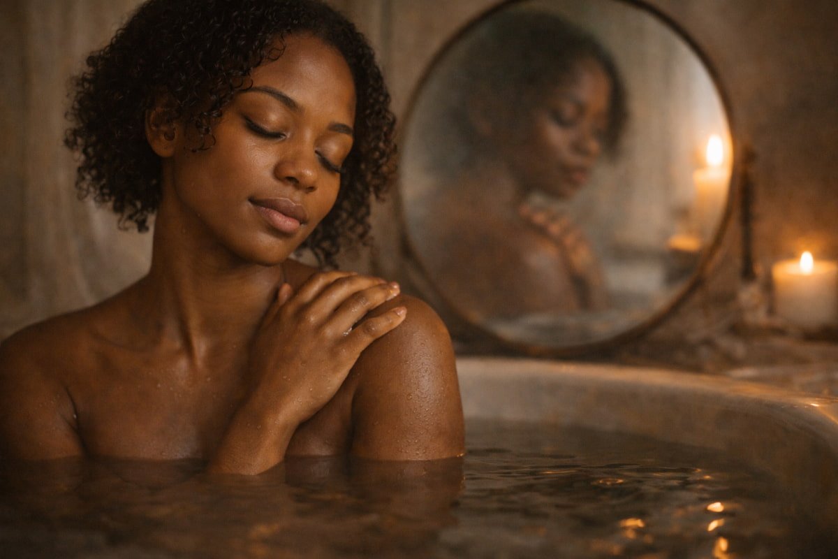 Black woman resting in warm water with candlelight and mirror reflection, symbolizing shadow work for feminine energy and emotional safety.