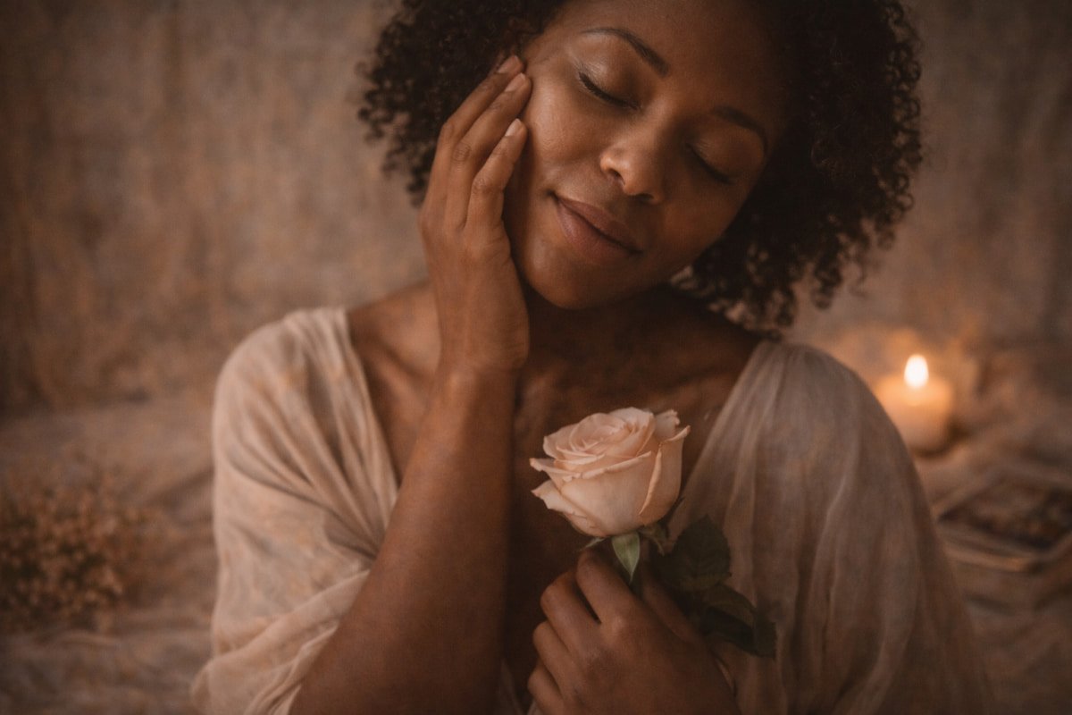 Black woman holding a rose in soft candlelight, symbolizing shadow work for feminine energy and a gentle return to self.