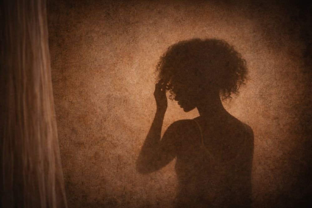Shadow silhouette of a woman cast on a textured wall in warm light
