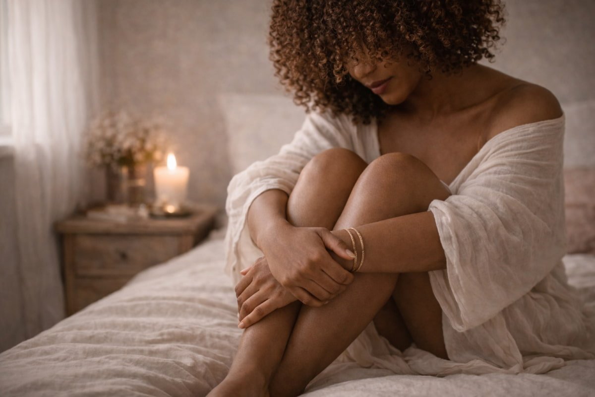 Black woman sitting quietly on a bed by candlelight, appearing withdrawn and thoughtful.