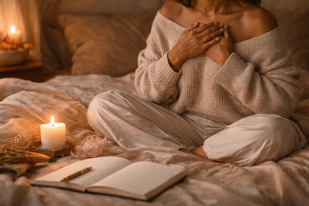 Person seated in a calm ritual space with hands over heart, journal and candle nearby, symbolizing readiness for shadow work and feminine energy embodiment.