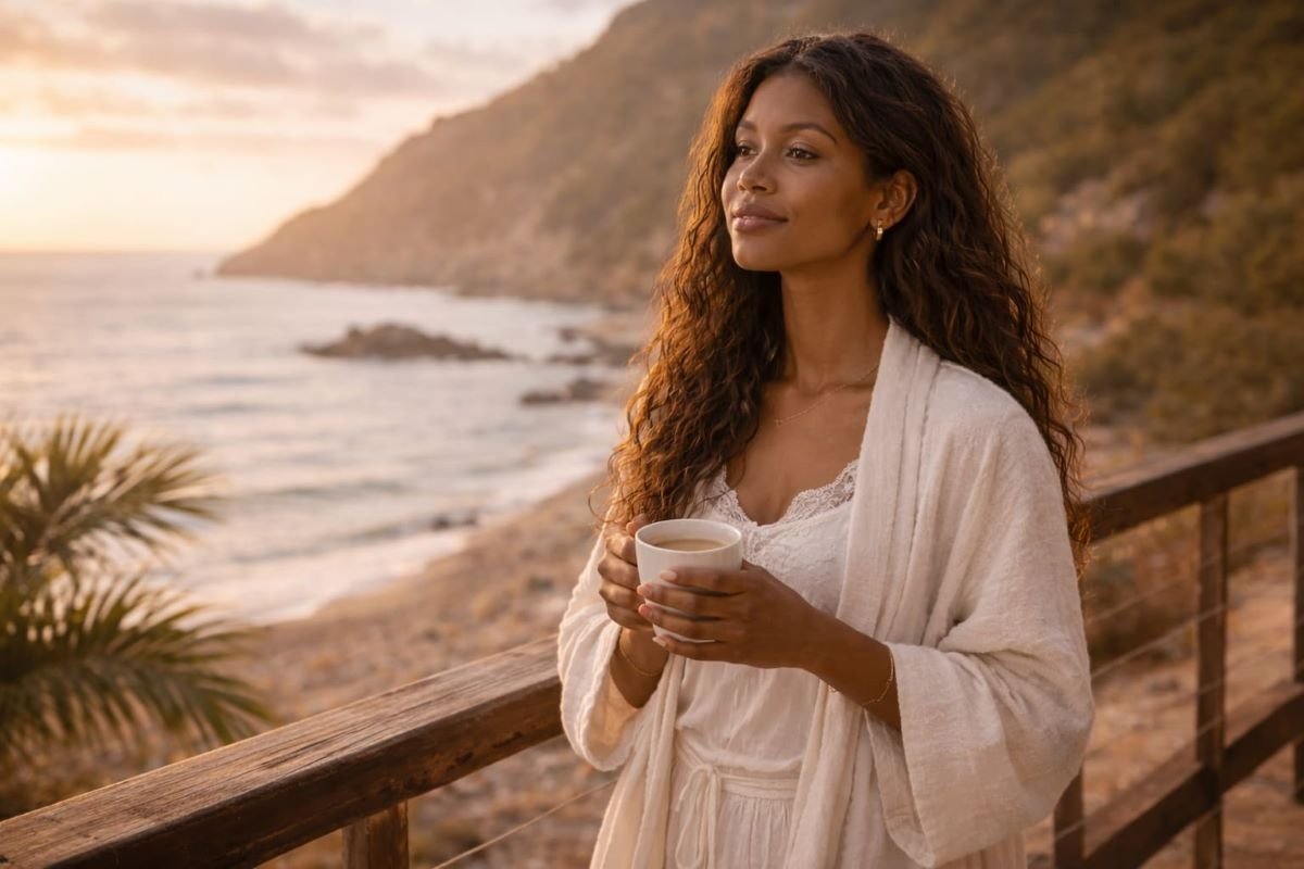 Black woman enjoying a slow morning alone while traveling, stepping out of survival mode