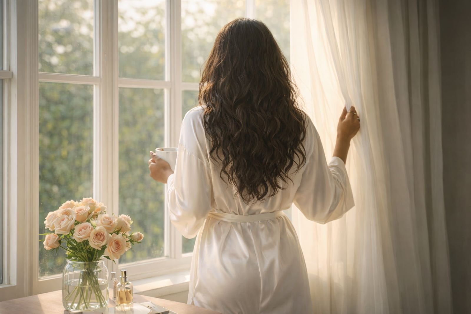 Melanin woman seen from behind receiving soft morning sunlight by a window, embodying calm divine feminine energy and a mindful morning ritual.