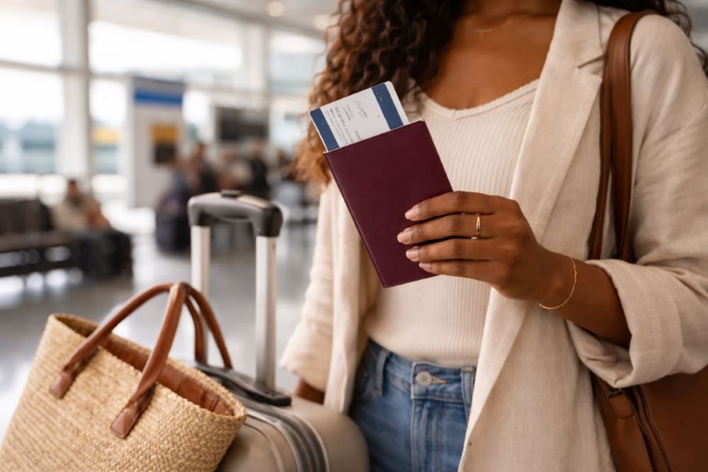 Black woman holding a passport and luggage at the airport, representing solo travel for Black women