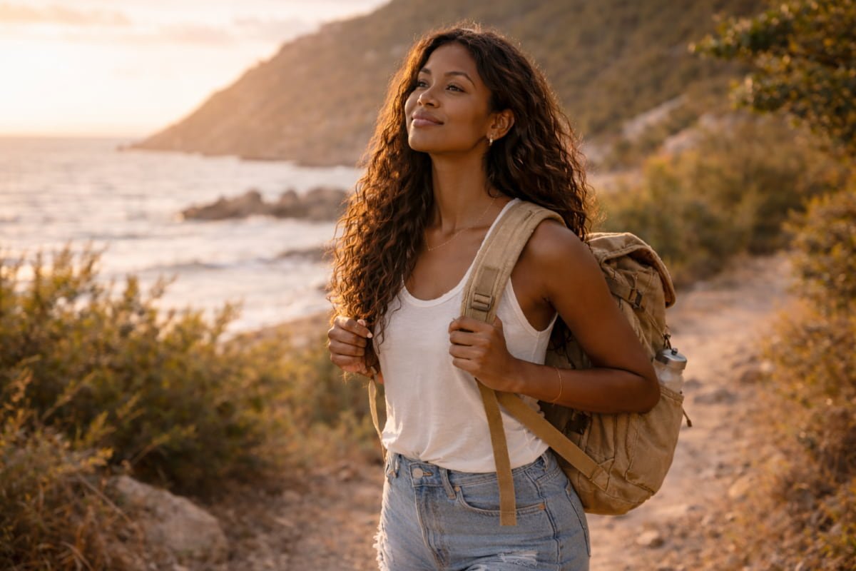 Black woman enjoying a peaceful hike during a solo travel journey