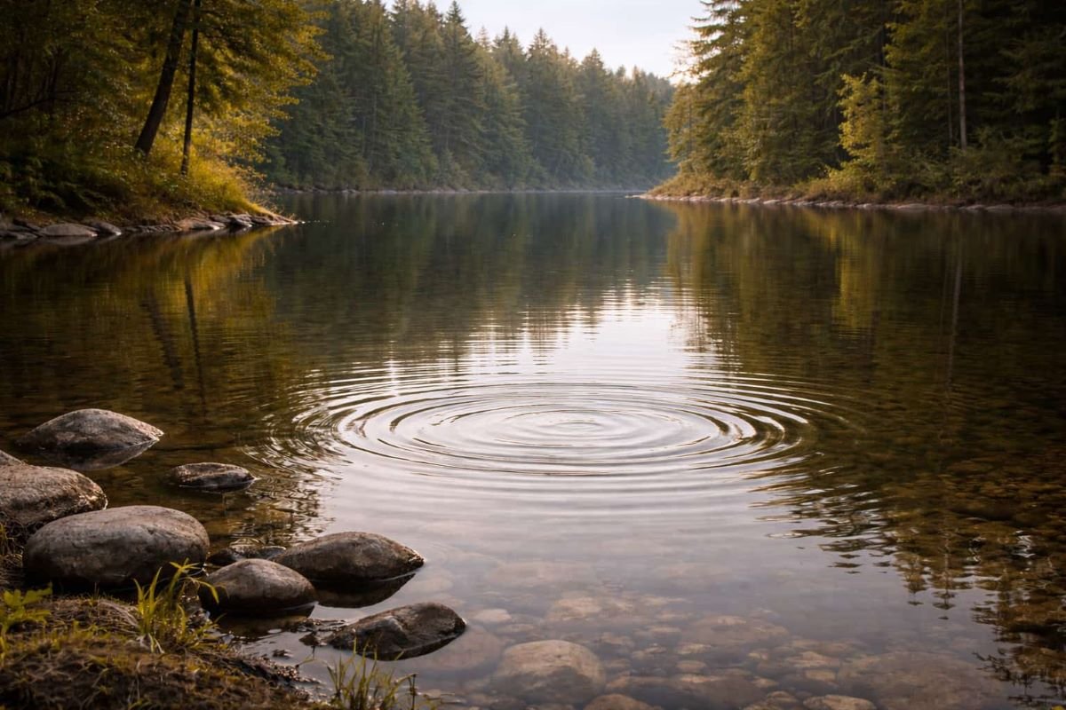 Still water at sunrise with smooth stones creating gentle ripples, evoking calm and inner stillness.
